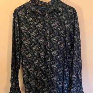 Perry Ellis Medium Blue Button Up with White/Gold Floral Pattern